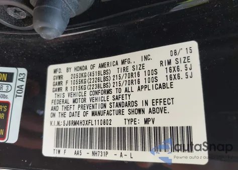 2015 Honda Cr-V Lx z USA, uszkodzony, nr VIN 5J6RM4H3XFL110802